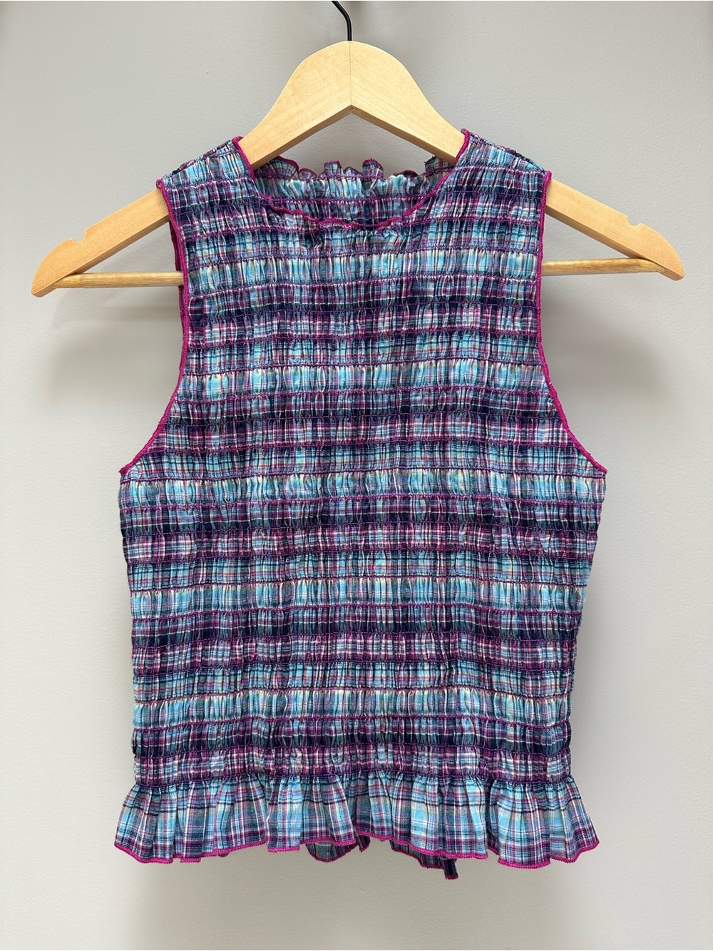 Smocked Plaid Tank Top in Blue and Purple